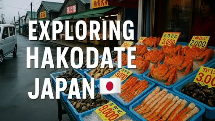 Preview image for the video "کاوش در 函館، 日本 🇯🇵 | بازار غذاهای دریایی، سفر با تراموا و خوراکی‌های محلی!".